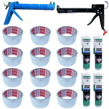 Pachet - 12 x Banda aluminiu, 10M + 4 x Den Braven silicon sanitar transparent, 280ml + Pistol negru silicon + Pistol albastru silicon Pachet - 12 x Banda aluminiu, 10M + 4 x Den Braven silicon sanitar transparent, 280ml + Pistol negru silicon + Pistol albastru silicon