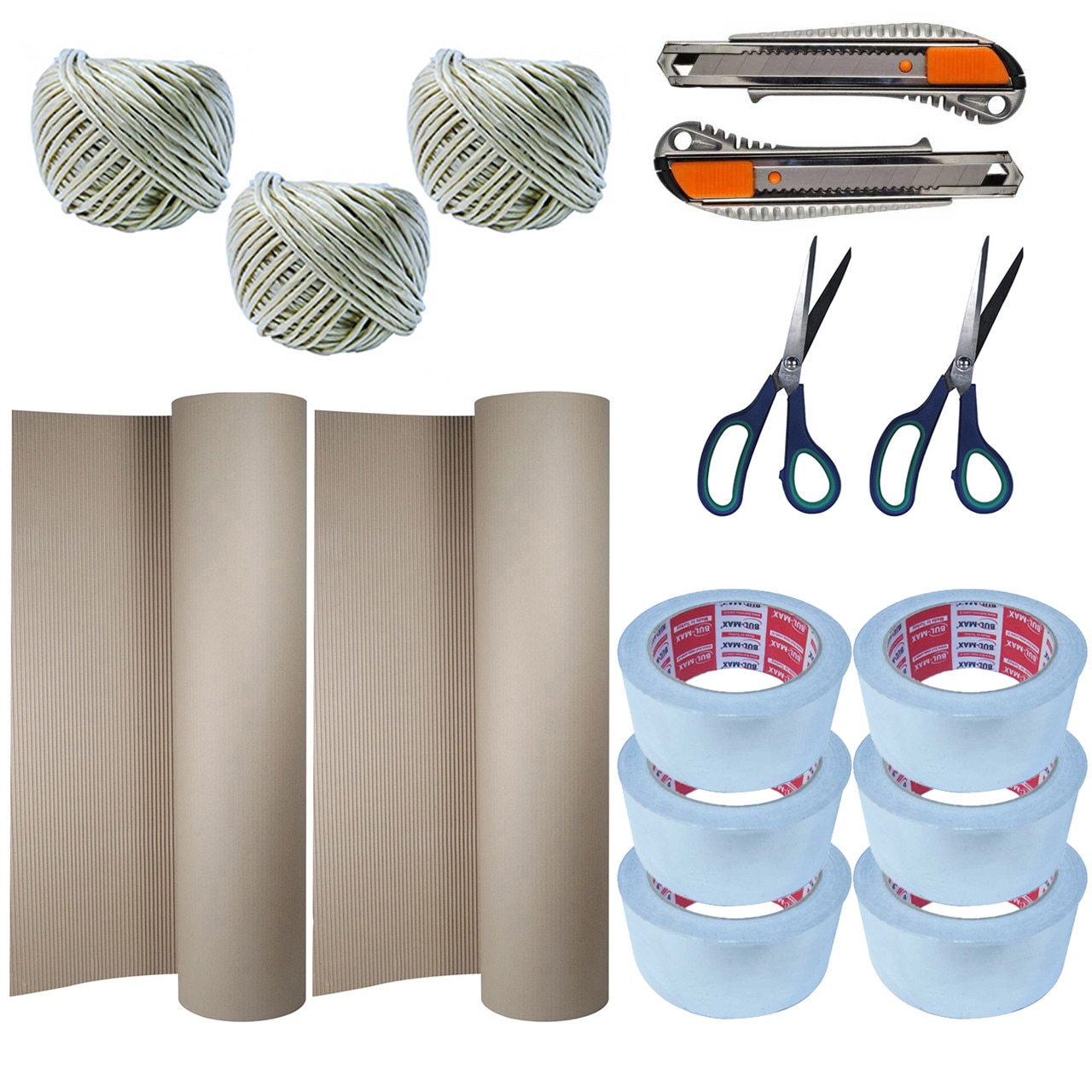 Pachet - 6 x Banda aluminiu, 50M + 3 x Sfoara rafie + 2 x Rola carton 10x1M + 2 x Cutter metalic + 2 x Foarfeca, 21cm