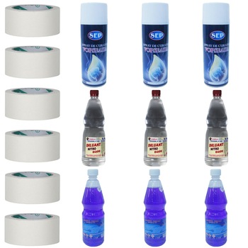 Pachet - 3 x Spray de curatat vopseaua, Sep, Decanol, 450ml + 3 x Nitro diluant D209, 900ml + 3 x Alcool tehnic 97%, 900ml + 6 x Scotch, banda de hartie, 50m Pachet - 3 x Spray de curatat vopseaua, Sep, Decanol, 450ml + 3 x Nitro diluant D209, 900ml + 3 x Alcool tehnic 97%, 900ml + 6 x Scotch, banda de hartie, 50m