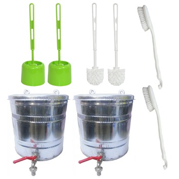 Pachet - 2 x Bazin pentru apa cu robinet, 12L + 2 x Perie WC cu suport + 2 x Perie WC + 2 x Perie corporala de dus Pachet - 2 x Bazin pentru apa cu robinet, 12L + 2 x Perie WC cu suport + 2 x Perie WC + 2 x Perie corporala de dus