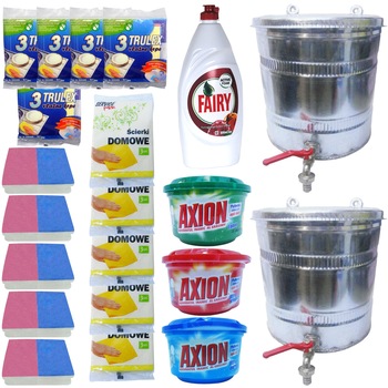 Pachet - 2 x Bazin pentru apa, Cu robinet, 15L + 5 x Set lavete umede (3buc./set) + 5 x Set lavete uscate (3buc./set) + 5 x Set bureti vase (2buc./set) + 3 x Axion, 400g (Ultra degresant, Ultra prospetime, Lemon) + Fairy detergent vase, Rodie, 800ml Pachet - 2 x Bazin pentru apa, Cu robinet, 15L + 5 x Set lavete umede (3buc./set) + 5 x Set lavete uscate (3buc./set) + 5 x Set bureti vase (2buc./set) + 3 x Axion, 400g (Ultra degresant, Ultra prospetime, Lemon) + Fairy detergent vase, Rodie, 800ml