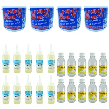 Pachet - 10 x Ulei special pentru mecanisme fine, 100ml + 10 x Neofalina, 200ml + 4 x Vaselina de uz general U90, Unsoare Ca3, 200g Pachet - 10 x Ulei special pentru mecanisme fine, 100ml + 10 x Neofalina, 200ml + 4 x Vaselina de uz general U90, Unsoare Ca3, 200g