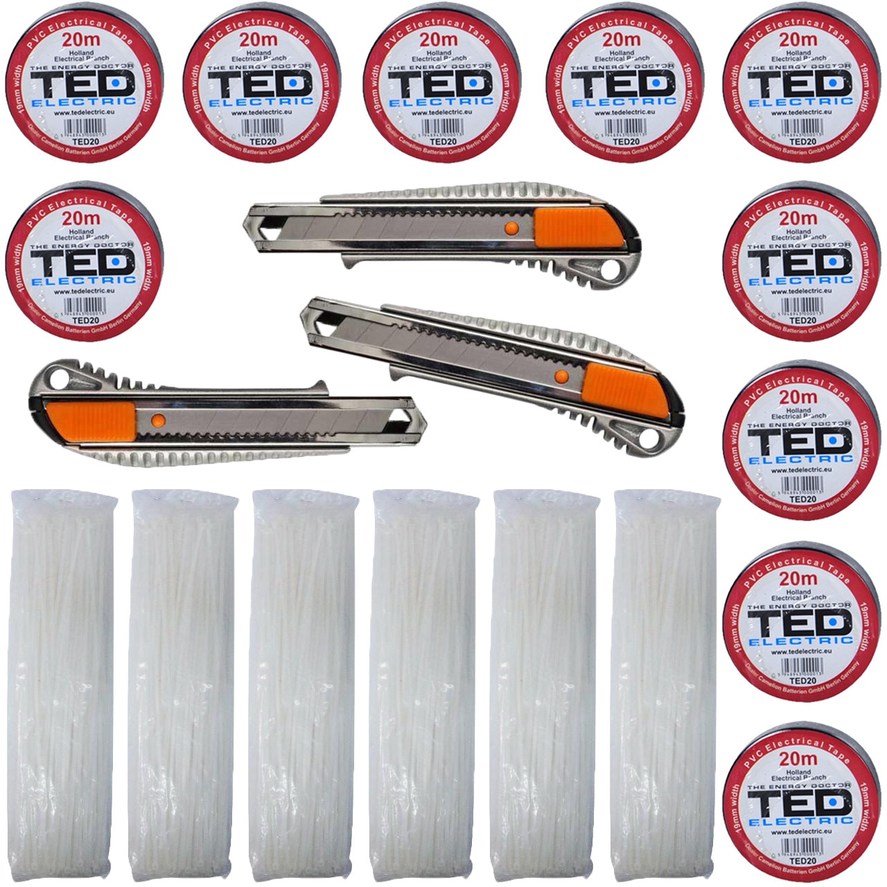 Pachet - 6 x Set bride albe din plastic de 200mm, 100buc./set + 10 x Banda neagra izolatoare, 20M + 3 x Cutter metalic