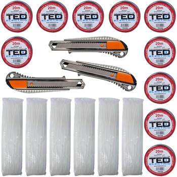 Pachet - 6 x Set bride albe din plastic de 300mm, 100buc./set + 10 x Banda neagra izolatoare, 20M + 3 x Cutter metalic Pachet - 6 x Set bride albe din plastic de 300mm, 100buc./set + 10 x Banda neagra izolatoare, 20M + 3 x Cutter metalic