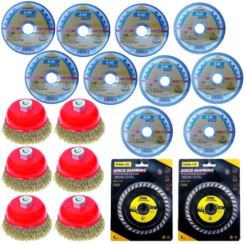 Pachet - 6 x Perie de sarma pentru flex, 10cm + 5 x Kronen panza flex pentru metal, 125mm + 5 x Kronen panza flex pentru metal/inox, 115mm + 2 x Disc diamantat, 115mm Pachet - 6 x Perie de sarma pentru flex, 10cm + 5 x Kronen panza flex pentru metal, 125mm + 5 x Kronen panza flex pentru metal/inox, 115mm + 2 x Disc diamantat, 115mm