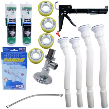Pachet - Flotor 3/8 + Robinet coltar 1/2 cu 3/8 + Racord 3/8 cu 3/8, 50cm + Pistol silicon, negru + 2 x Den Braven silicon sanitar transparent, 270ml + 4 x Banda teflon, 5M + 4 x Sifon flexibil pentru scurgere (2x32mm, 2x40mm) Pachet - Flotor 3/8 + Robinet coltar 1/2 cu 3/8 + Racord 3/8 cu 3/8, 50cm + Pistol silicon, negru + 2 x Den Braven silicon sanitar transparent, 270ml + 4 x Banda teflon, 5M + 4 x Sifon flexibil pentru scurgere (2x32mm, 2x40mm)