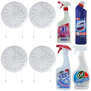 Pachet - 4 x Grila rotunda pentru aerisire, 80mm-150mm + Cif Ultrafast pentru baie, 500ml + Domestos Extended Power, 750ml + Sano AntiKalk, 700ml + Sano Jet Solutie pentru baie, 750ml Pachet - 4 x Grila rotunda pentru aerisire, 80mm-150mm + Cif Ultrafast pentru baie, 500ml + Domestos Extended Power, 750ml + Sano AntiKalk, 700ml + Sano Jet Solutie pentru baie, 750ml