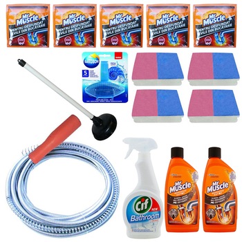 Pachet - Sarpe desfundat, 3M + 5 x Mr Muscle Granule desfundat tevile, 50g + 2 x Mr Muscle Solutie desfundat tevile, 500 ml + Cif Solutie baie, 500ml + 4 x Set Bureti de vase, 2buc/set + Pompa mare desfundat + SanoBon Odorizant WC, 55g Pachet - Sarpe desfundat, 3M + 5 x Mr Muscle Granule desfundat tevile, 50g + 2 x Mr Muscle Solutie desfundat tevile, 500 ml + Cif Solutie baie, 500ml + 4 x Set Bureti de vase, 2buc/set + Pompa mare desfundat + SanoBon Odorizant WC, 55g