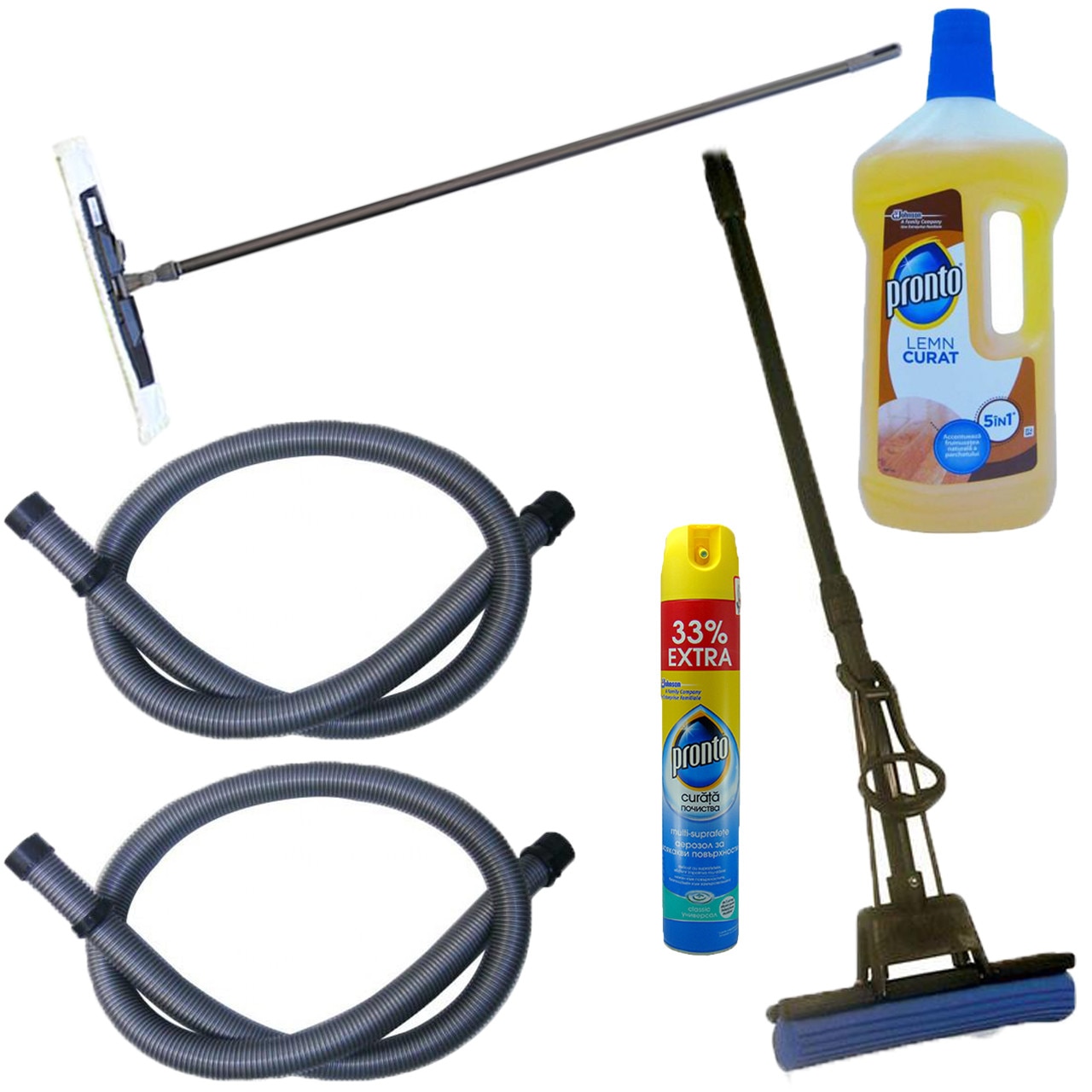 Pachet - 2 x Furtun pentru aspirator, Universal + Mop pva cu coada telescopica si storcator + Mop plat cu coada, Mop flexibil din bumbac, 120cm + Pronto pentru lemn, 750ml + Pronto multisuprafete, 400ml