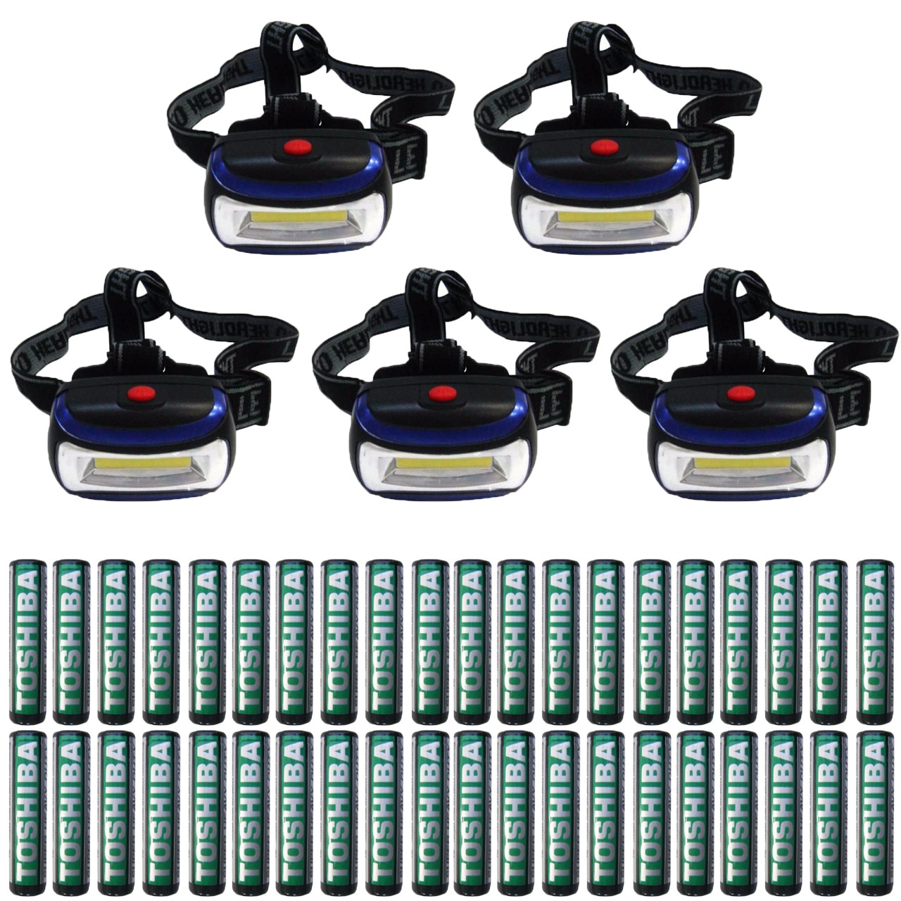 Pachet - 5 x Lanterna frontala, LED mare + 40 x Baterie R3 Toshiba, AAA, 1.5V