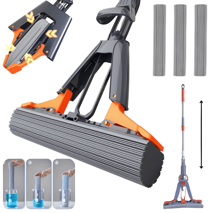 Супер абсорбираща гъба, 38 см, 3 включени PVA глави, пълно изобилие, бързо и ефикасно почистване, мокра абсорбция, глави за многократна употреба, автоматична система за изстискване, черен оранжев