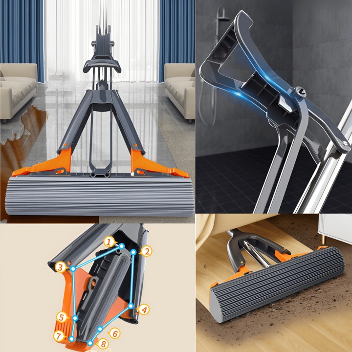 Mop 38cm cu 1 Burete Super Absorbant, 38cm latime, Maner Telescopic, Sistem Stoarcere Automat Hands-Free, Curatare Rapida si Eficienta, PVA Premium, Potrivit pentru Parchet, Gresie, Laminat, Absorbtie Umeda Maxima, Negru crom