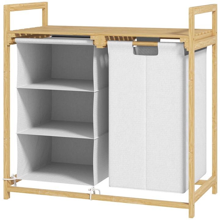 Cos de rufe cu 2 saci detasabili, HOMCOM, Cos de rufe pentru baie cu manere si polita din bambus, 70x36x70 cm, alb