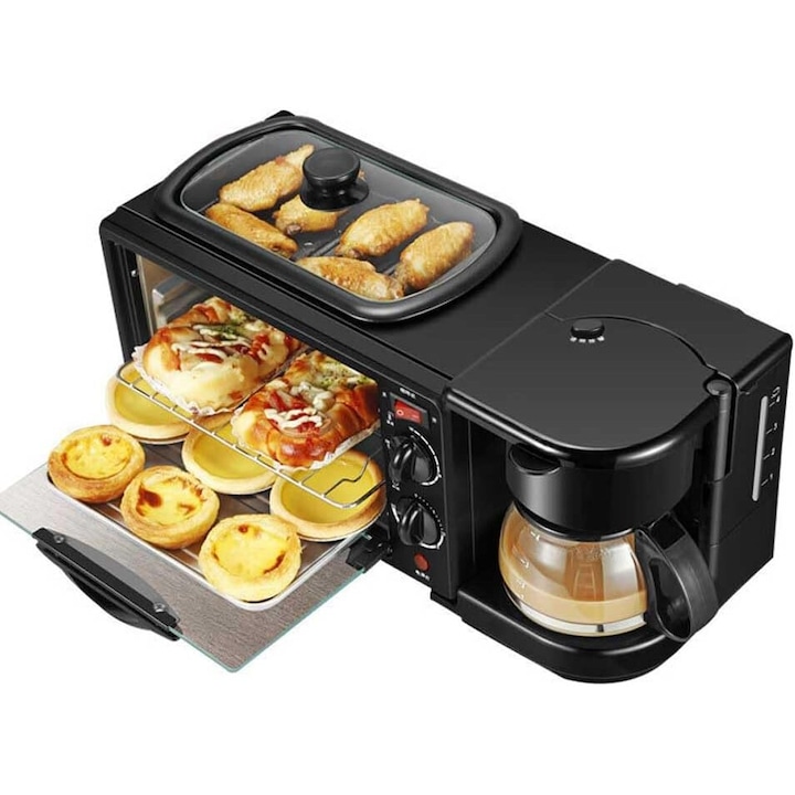 3 в 1 станция за закуска, 800W, черна, 44x20x20см, фурна/тиган/кафемашина
