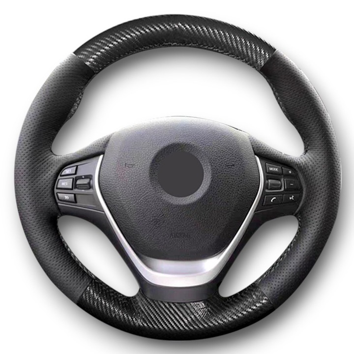 Husa volan dedicata BMW F20, fibra carbon si piele perforata, cusuta manual, culoare cusatura negru