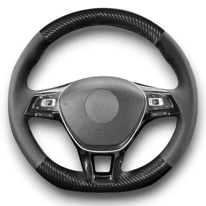 Husa volan dedicata Vw Passat B8, fibra carbon si piele perforata, cusuta manual, culoare cusatura negru