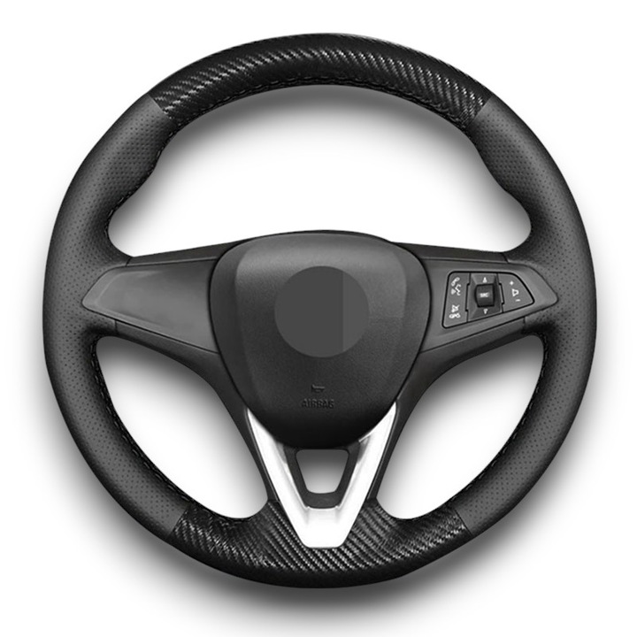 Dedikált kormányburkolat Opel Astra K-hez, szénszálas és perforált bőr, kézzel varrott, fekete varrás színű