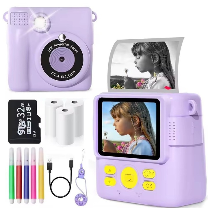 Детска фото/видео камера NOVOTIM с мигновен печат, 2.4 инча IPS екран, 1080P видео, камера с 16x увеличение, 1000 mAh батерия, 32 GB TF карта, USB зареждане, 6 маркера в комплекта, лилав