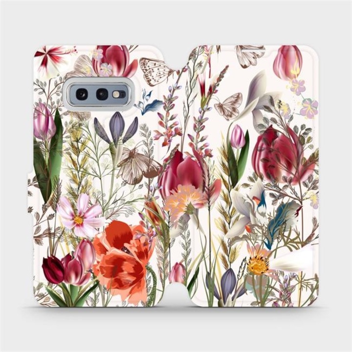 Husa flip Mobiwear, Samsung Galaxy S10e, design flori, multicolor, piele ecologica