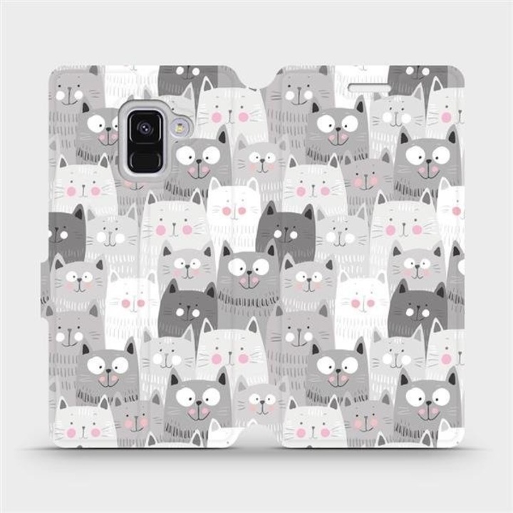Husa flip, Mobiwear, pentru telefon Samsung Galaxy A8, design cu pisici, culoare gri, material din piele ecologica