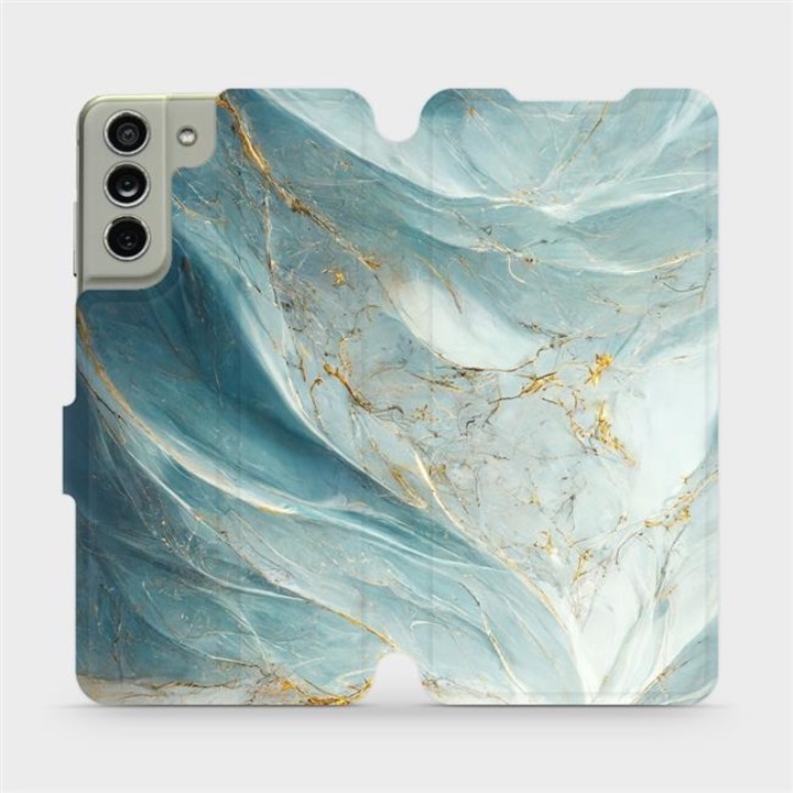 Husa flip, Mobiwear, pentru Samsung Galaxy S21 FE, verde si aurie, rezistenta la socuri si zgarieturi