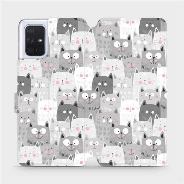 Husa flip, Mobiwear, pentru Samsung Galaxy A71, design cu pisici, rezistenta la socuri si zgarieturi, gri