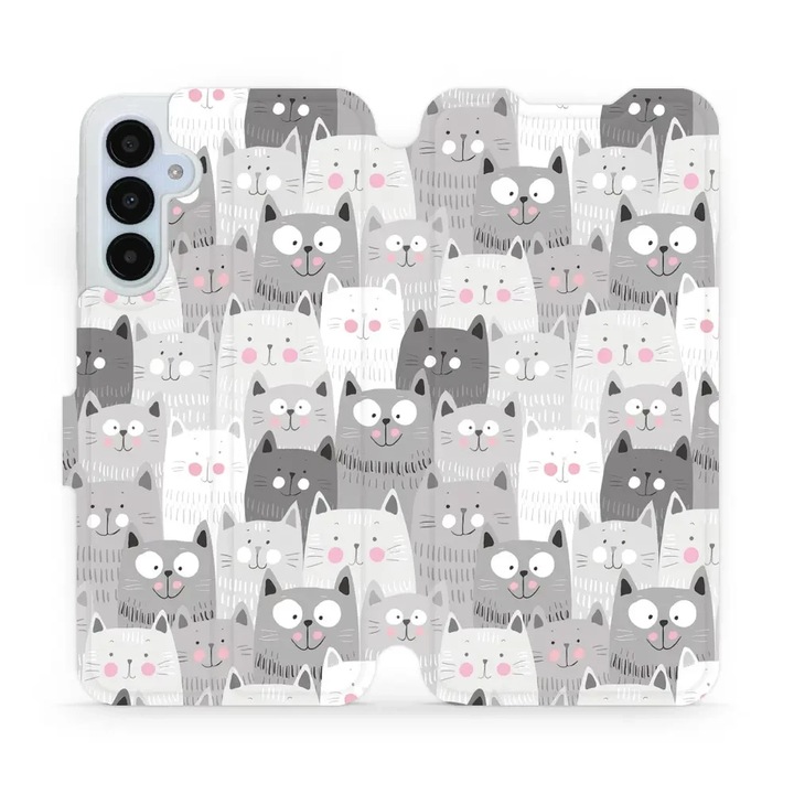 Husa flip, Mobiwear, pentru Samsung Galaxy A25 5G, design cu pisici, culoare gri