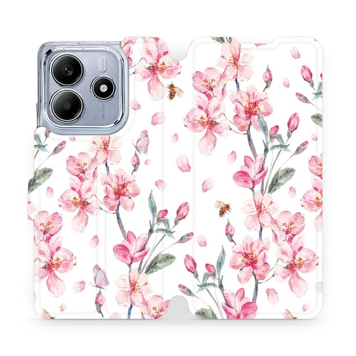 Flip cover, Mobiwear, Xiaomi Redmi Note 14 5G-hez, rózsaszín virággal, ütés- és karcálló