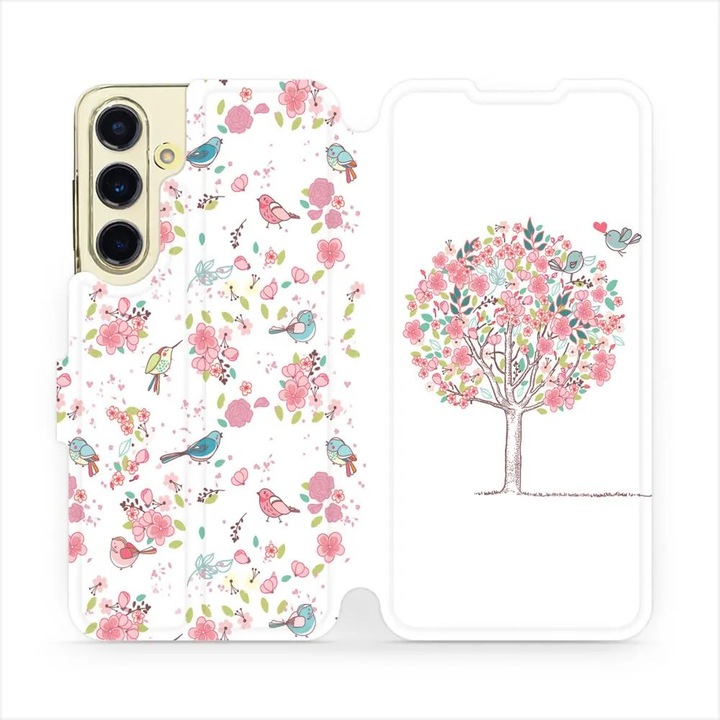 Husa flip, Mobiwear, pentru Samsung Galaxy S24 FE, design cu pasari, rezistenta la socuri si zgarieturi, multicolor