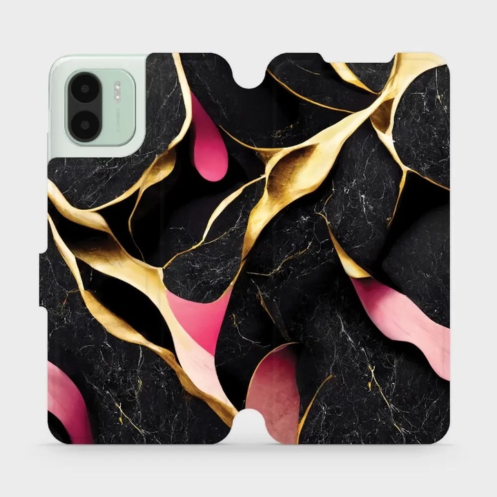 Husa flip, Mobiwear, pentru Xiaomi Redmi A2, marmorata neagra si aurie, rezistenta la socuri si zgarieturi
