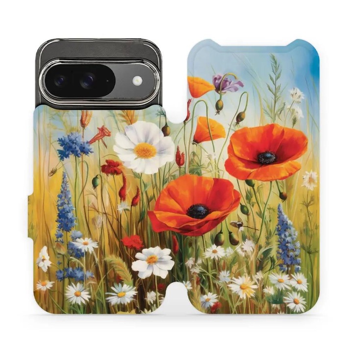 Husa flip Mobiwear pentru Google Pixel 9 / 9 Pro, design floral, multicolor, material din piele ecologica