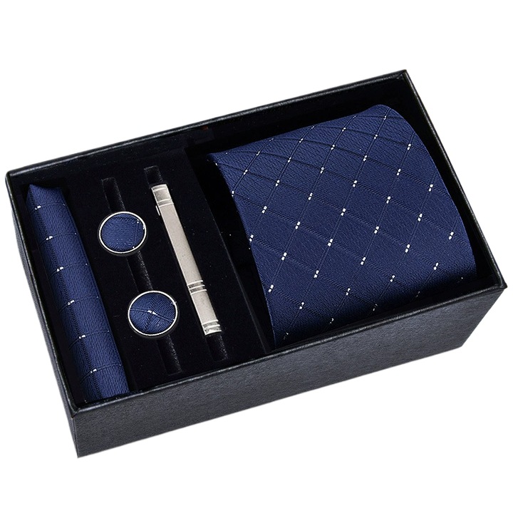 Set Cravata, Batista, Butoni si Ac de cravata, Fudisenn®, Cravata clasica pentru barbati, cu 1 Cravata, 1 Batista, 1 ac, 2 butoni, Ajustabil, Confortabila si moale, Rezistent la uzura, pentru Petreceri de Dans, Nunti, Banchete, Model in Carouri, Albastru