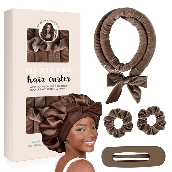 Set 5 Ondulator de Par fara Caldura, Fudisenn®, cu 1 Casca de Dus, 1 Bigudiu tip Panglica, 2 Elastice si 1 Agrafa Mare, din Tesatura de Calitate, Creati Bucle Naturale, Protectie Scalp, Fara Zgarieturi si Durere, Maro