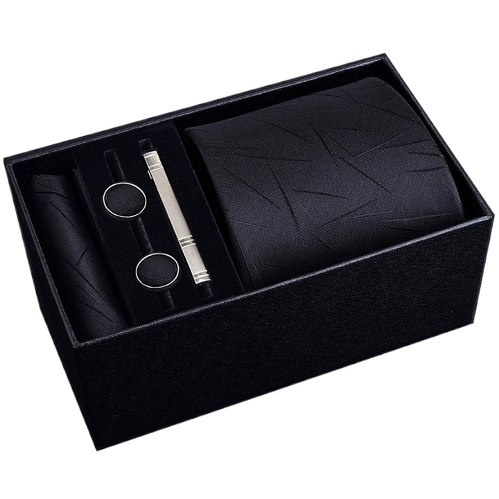 Set Cravata, Batista, Butoni si Ac de cravata, Fudisenn®, Cravata clasica pentru barbati, cu 1 Cravata, 1 Batista, 1 ac, 2 butoni, Ajustabil, Confortabila si moale, Rezistent la uzura, Potrivit pentru Petreceri de Dans, Nunti, Banchete, Negru