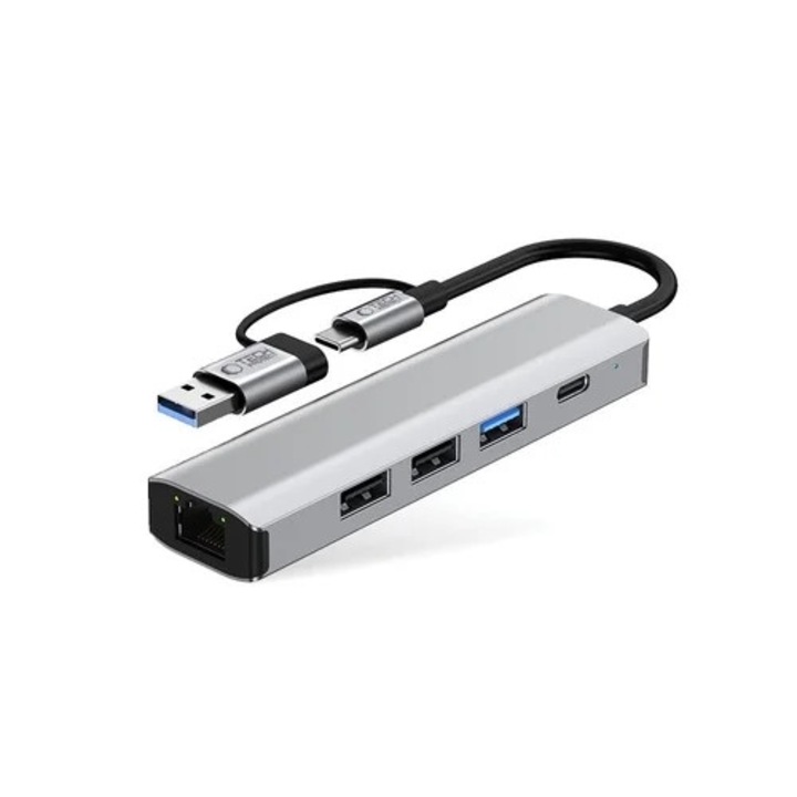 Адаптер: Tech- Protect HB03 HUB - 5в1 с порт, Type-C / 3x USB / Type-C (USB-C) / RJ45 / PD100W сив адаптер