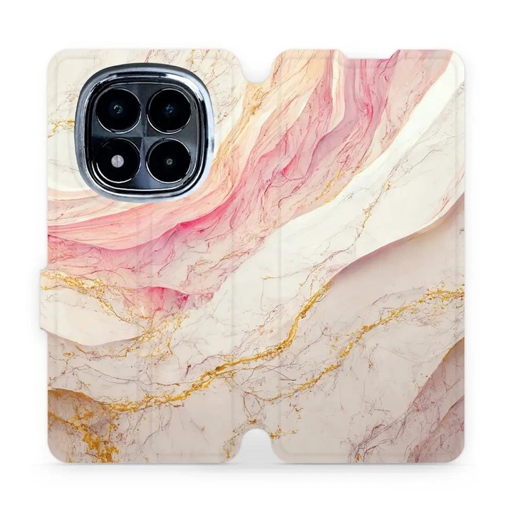 Mobiwear flip cover за Xiaomi Redmi Note 14 Pro 4G, мраморно розово и златно, устойчив на удари и надраскване