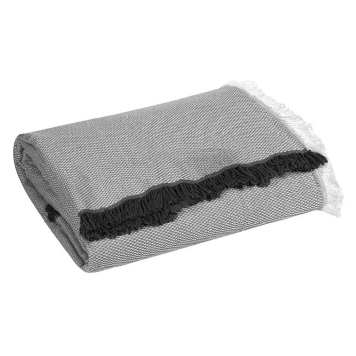 Cuvertura decorativa pentru canapea cu trei locuri, model cu franjuri albe si antracit, 340x180 cm, gri