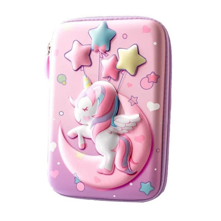 Penar scolar 3D impermeabil, model cu imprimeu Unicorn, 23 x 15.5 cm, roz, neechipat