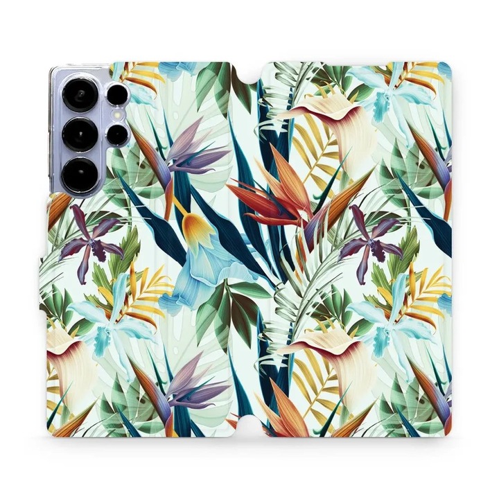 Husa flip Mobiwear pentru Samsung Galaxy S25 Ultra, verde, design floral, rezistenta la socuri si zgarieturi