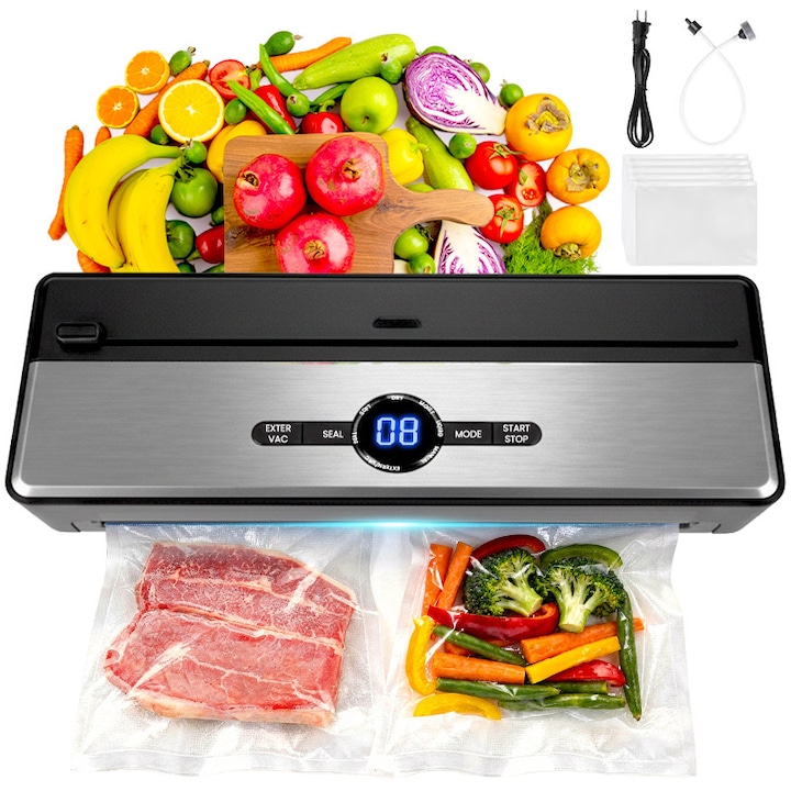 Aparat de Vidat si Sigilat Alimente Ewenta® SEAL PRO2, Multifunctional, Putere Ajustabila, Cutter Incorporat, Display Digital, Vidare Automata, 10 Pungi Incluse, Gri