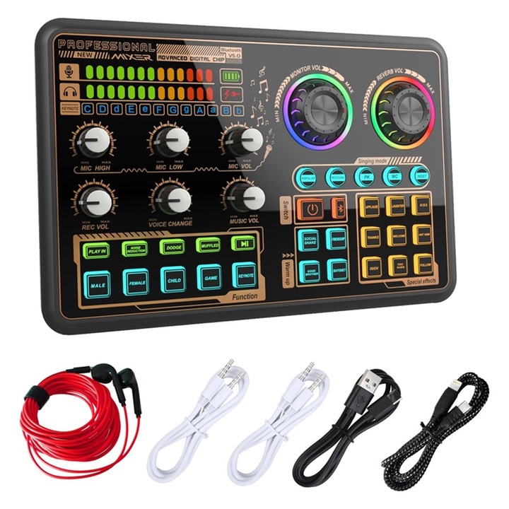 Rqiurpn аудио миксер, звукова карта на живо, звукови ефекти, LED светлини, 1 x Phono/USB, 1 x жак 3,5 mm, 1 x Aux in, 1 x Phono/Line