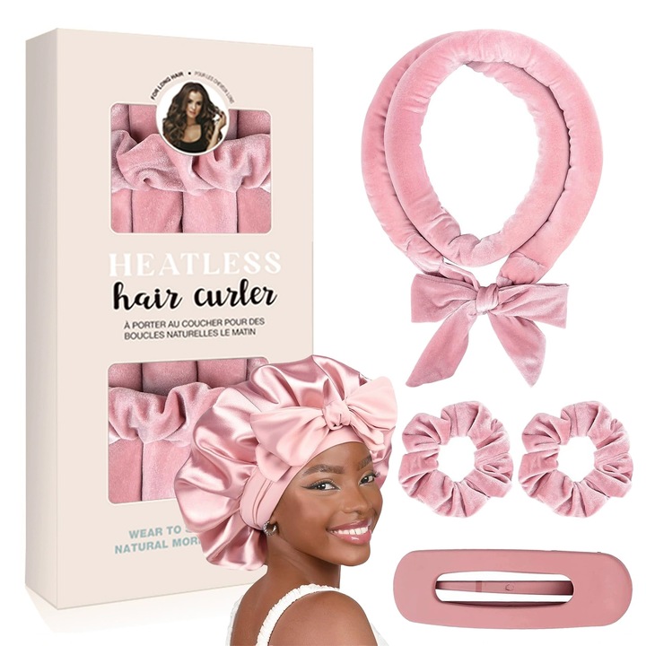 Set 5 Ondulator de Par fara Caldura, Fudisenn®, cu 1 Casca de Dus, 1 Bigudiu tip Panglica, 2 Elastice si 1 Agrafa Mare, din Tesatura de Calitate, Creati Bucle Naturale, Protectie Scalp, Fara Zgarieturi si Durere, Roz