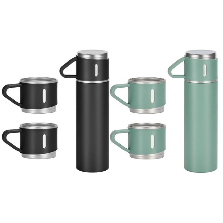 Termosz készlet 2 csészével, rozsdamentes acél, 500 ml, fekete és zöld, hordozható kivitel, szivárgásmentes