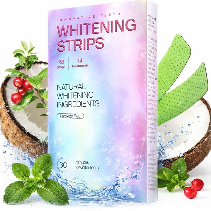 Benzi de Albire a Dintilor fara Peroxid, Kit 14 Tratamente (28 Benzi) – Albire Rapida 30 min, Indeparteaza Petele, Sigur pentru Smalt si Gingia