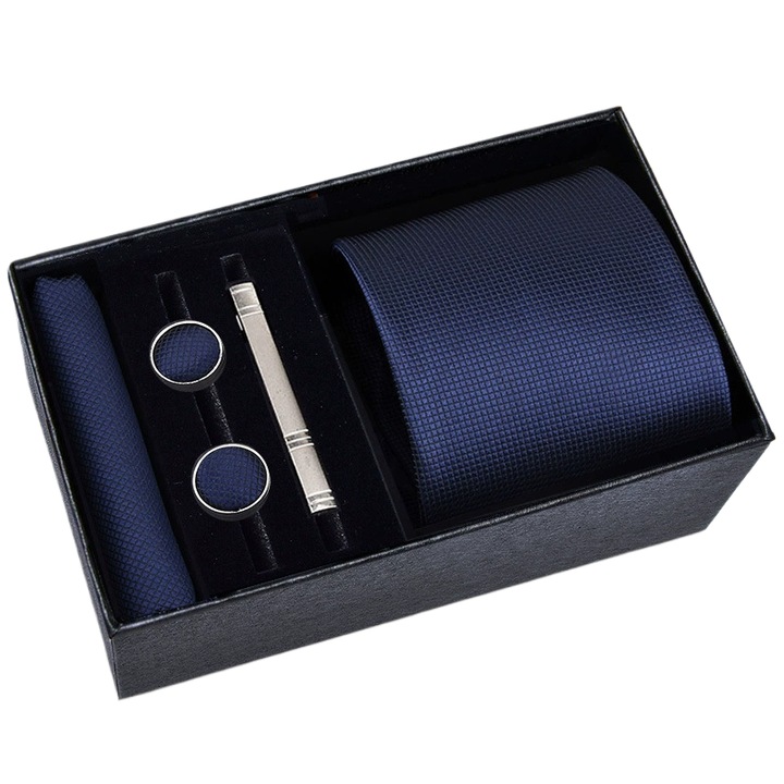 Set Cravata, Batista, Butoni si Ac de cravata, Fudisenn®, Cravata clasica pentru barbati, cu 1 Cravata, 1 Batista, 1 ac, 2 butoni, Ajustabil, Confortabila si moale, Rezistent la uzura, Potrivit pentru Petreceri de Dans, Nunti, Banchete, Albastru