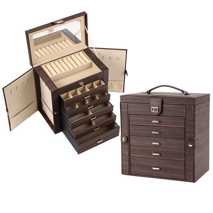 Ékszerdoboz, Fudisenn, nagy kapacitású hat rétegű, ékszerdoboz, nyaklánc, óra, kézi ékszer, tárolódoboz, multifunkcionális kétoldalas kialakítás, bőr, barna, 270×170×280mm