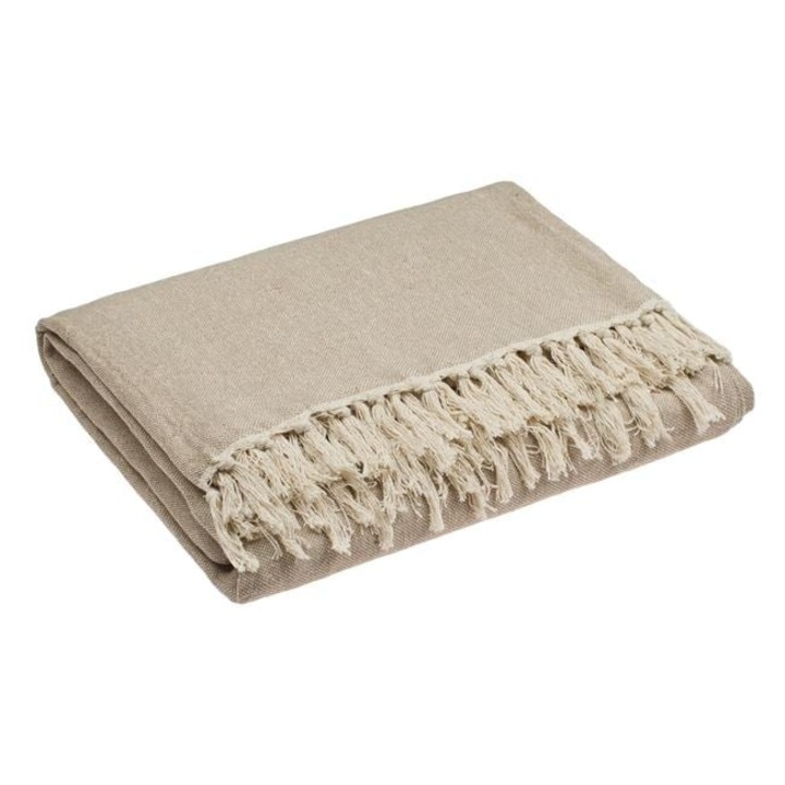 Cuvertura decorativa din bumbac pentru canapea de trei locuri, model cu franjuri, 280x170 cm, bej