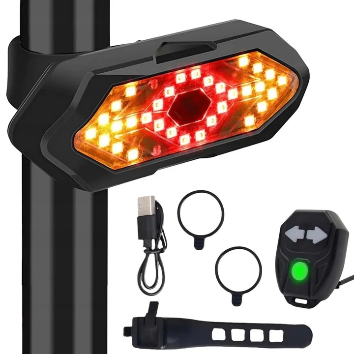 Stop cu Semnalizare Wireless pentru Bicicleta, Acumulator 900 mAh, IP65, Rezistent la Apa, 5 Moduri de Luminare, Cablu Incarcare Inclus, Telecomanda, Negru