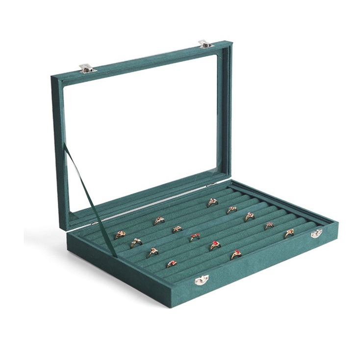 Cutie De Bijuterii, Fudisenn® ，Casuta Pentru Inele Si Bratari Cu Inchidere, Acoperis De Sticla, Umpluta Cu Material Moale, Piele ecologica, Aspect simplu, sticla rezistenta la praf，Verde inchis，35 x 24×5cm