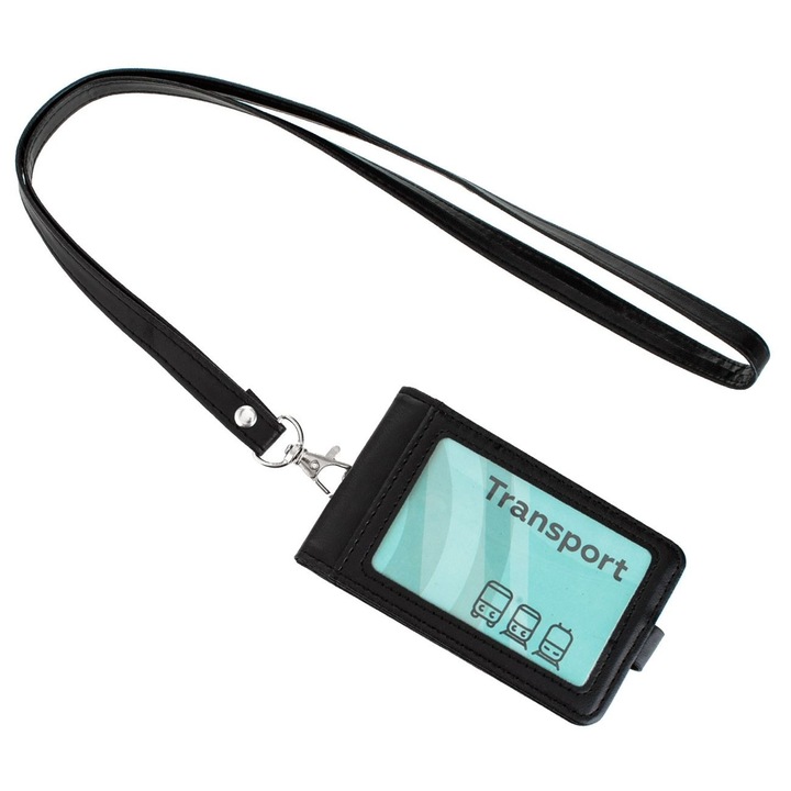 Ecuson Legitimatie Negru, 10x7 cm, cu 4 Huse Interioare, Clips de Inchidere si Curea 44 cm